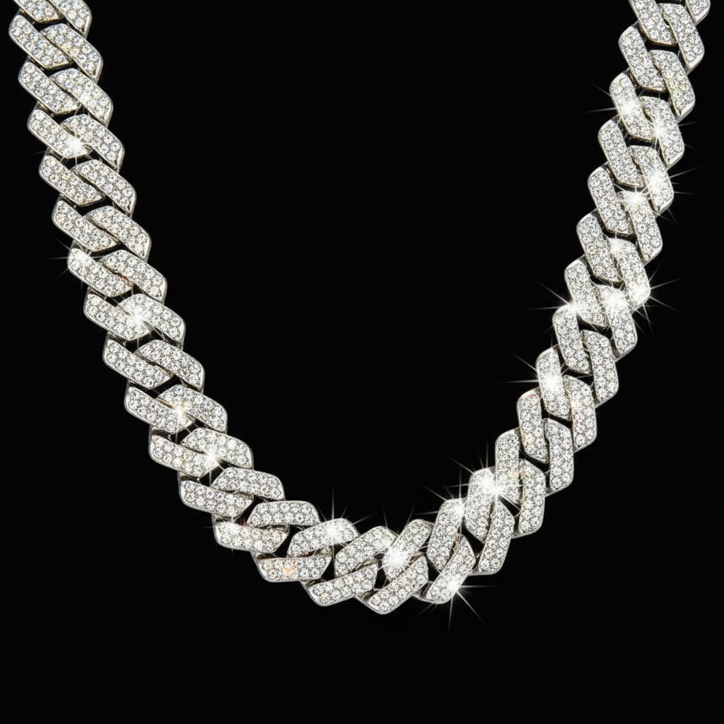 Luxury 15mm Double Row CZ Cuban Link Necklace – High Shine Finish